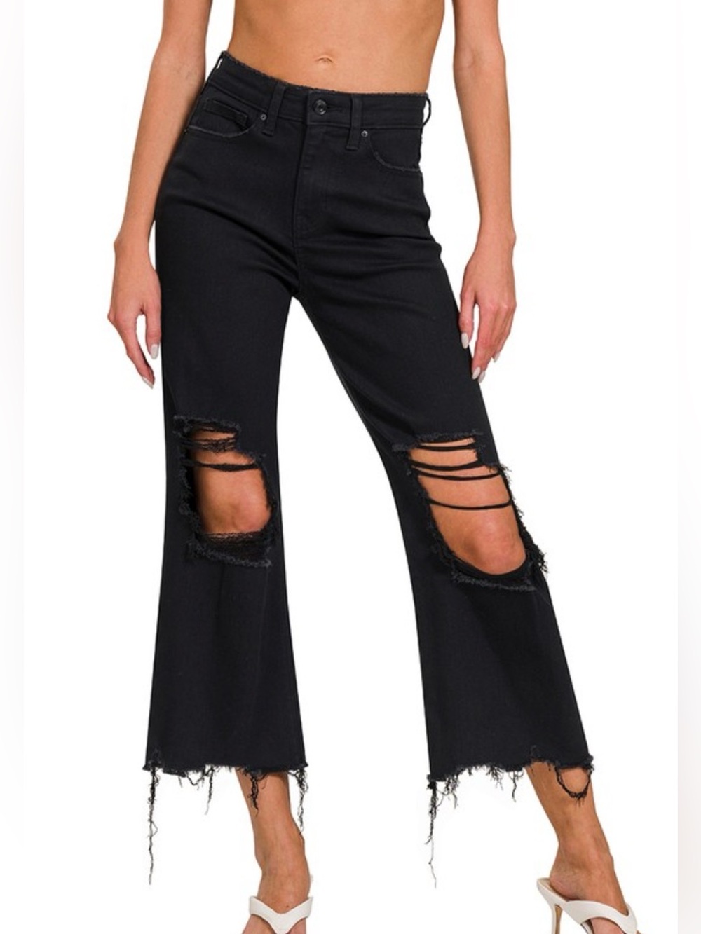 Black Distressed Flare Jeans - Women's High-Rise Wide Leg